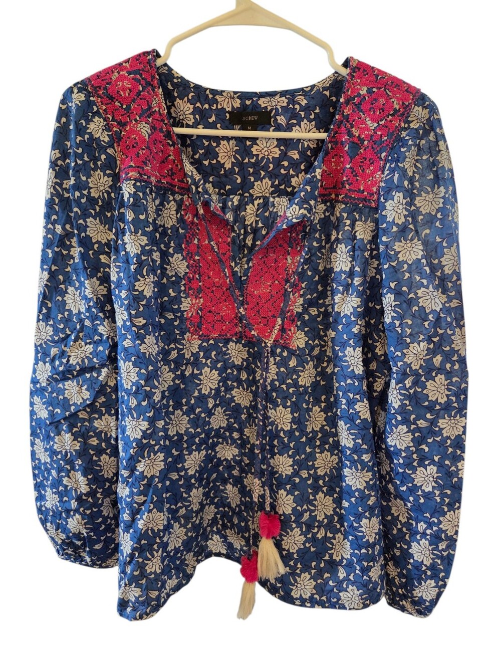 J.CREW Embroidered cotton voile top in block print Size M Blue Pink Boho